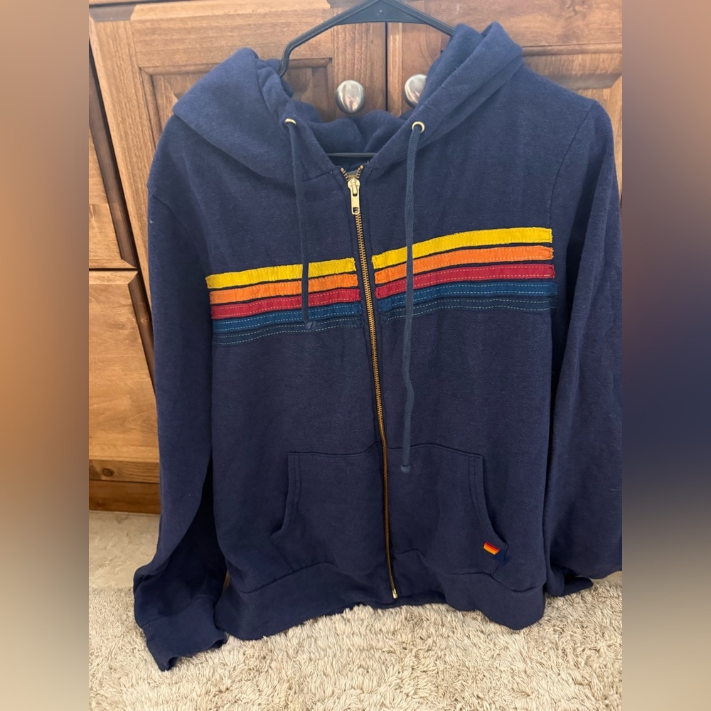 Aviator Nation Blue Hoodie with Multicolor Stripes